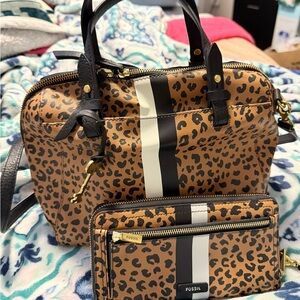 Fossil Brown and Black Satchel Set with Leopard Print